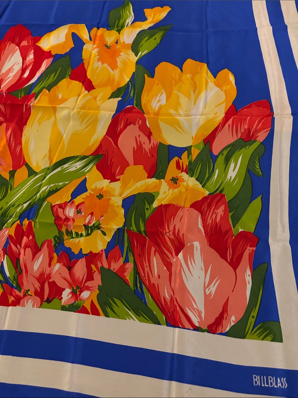 Vintage bill blass Blue Floral Silk Scarf with Red and Yellow Tulips